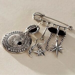 Free People Bohemian Celestial Moon Star Carry On Dangle Pin Silver Brooch NWT